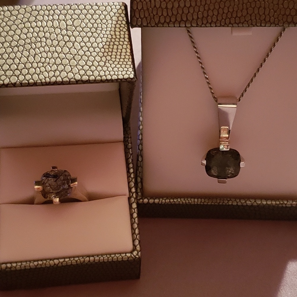 SS rhudilated black quartz set